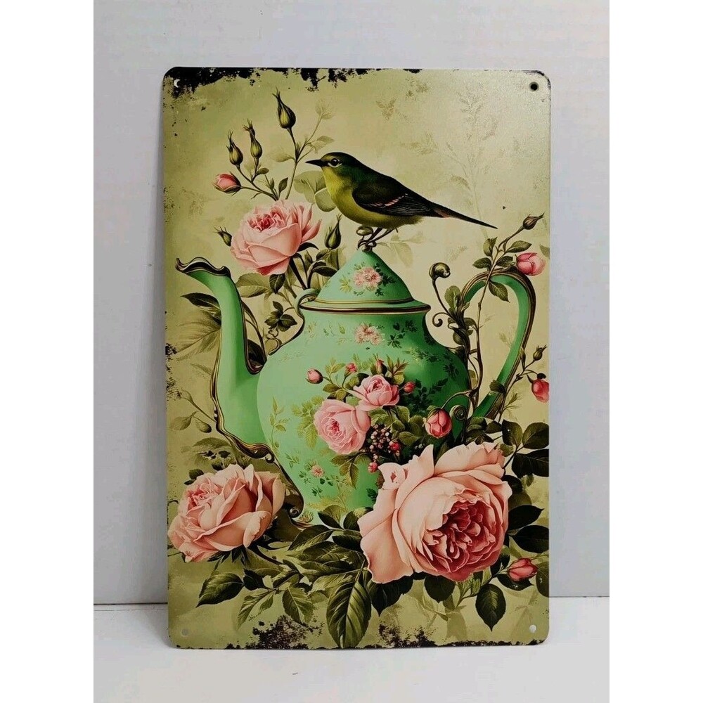 Tin Sign- 12 X 8 Tea Pot Birds And Flowers Matte Finish